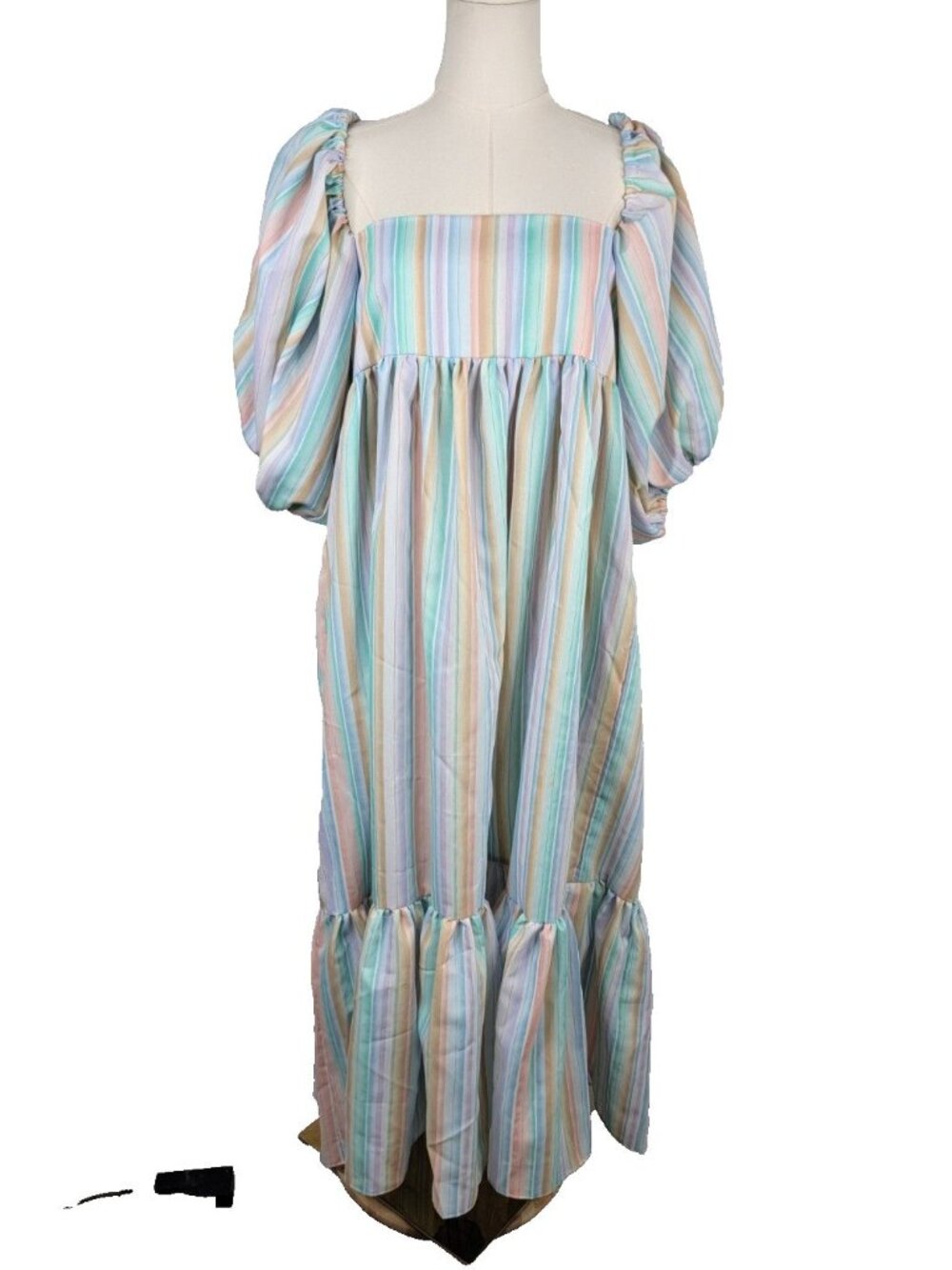 Madeline Marie Custom Pastel Stripe Maxi Dress Cottagecore Puff Sleeve S/M